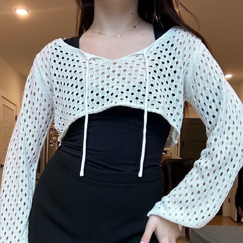Princess Polly Ivory White Crochet Open Knit Long Sleeve Cropped Top